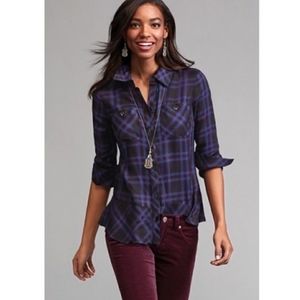 Cabi | Moody Check Plaid Peplum Top Black Blue